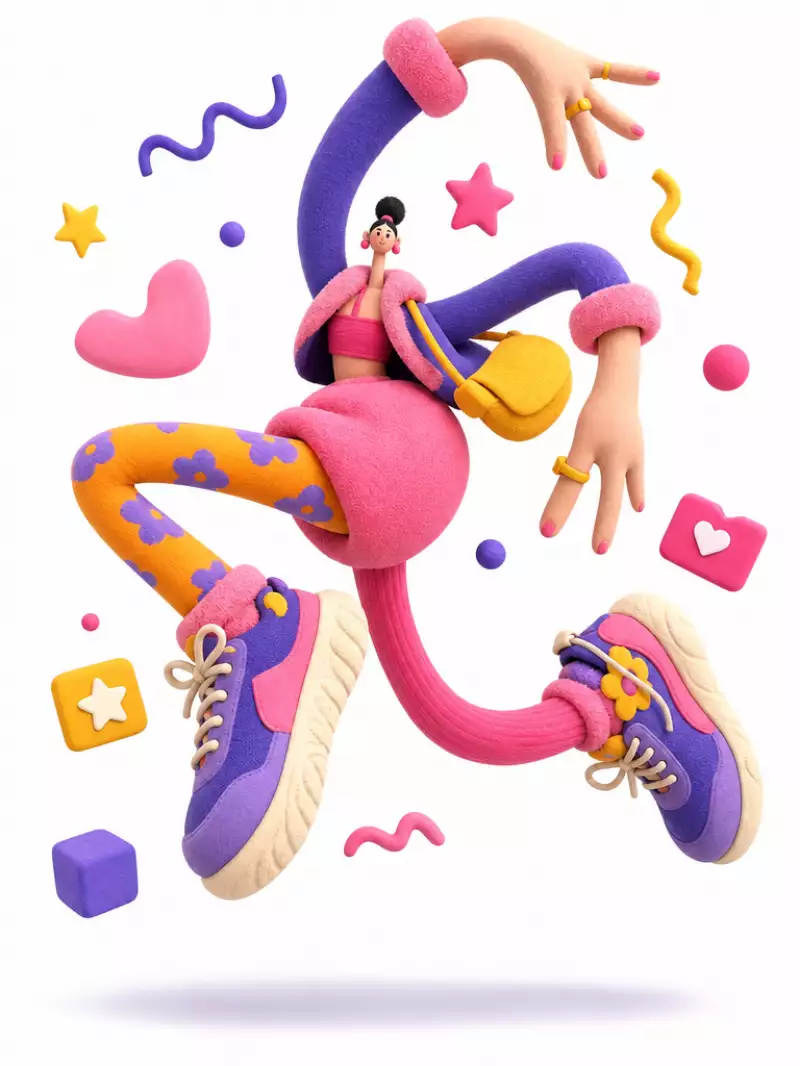 Сгенерировано нейросетью: A complete single 3D illustration, exaggerated artistic editorial illustration style, not storyboard, not a collage layout.

The subject is an exaggerated cartoon character with a tiny head, round chubby body, extremely elongated limbs, oversized hands and oversized shoes, off-balance center of gravity, frozen mid-air in a dramatic jumping pose, with strong tension and comedic energy.

Overall form looks like a soft sculpture toy — round, chunky, bouncy, exaggerated — not anatomically correct.

Materials are matte soft rubber, fuzzy fabric, knitted texture, plasticine feel, with fine fiber details, slight grain, hand-sculpted touch — avoid glossy plastic toy look, avoid translucent glass look, avoid high reflections.

High-saturation dopamine color palette, bold color clashes, large flat color blocks, bright but not over-glowing.

Clean white background, minimal space, only a soft oval shadow on the ground, no complex scene.

Floating abstract graphic elements around the character: stars, squiggle lines, balls, cubes, icons, symbols — all rendered as soft rubber or paper props to enhance motion and design feel.

Soft studio lighting, global illumination, soft shadows, low contrast, clean commercial render.

C4D / Blender 3D illustration, stylized soft sculpture, matte clay material, fuzzy fabric texture, knitted surface detail, playful editorial 3D illustration, high quality.

— Theme: [девушка-фотомодель]