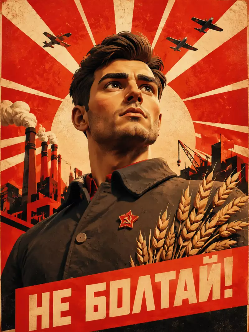 Сгенерировано нейросетью: Transform the selfie into a Soviet propaganda poster. Same face, strong upward gaze, heroic posture. Red sunburst background, bold geometric composition, worker-style coat, wheat, factory silhouettes, planes in the sky. Limited palette: red, cream, black. Add Cyrillic text: «НЕ БОЛТАЙ!». Vintage USSR print texture, powerful and monumental.