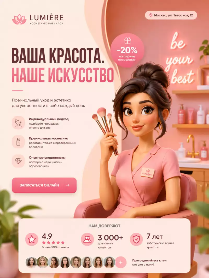 Сгенерировано нейросетью: Сделай дизайн первого экрана лендинга 16:9 для [косметический салон]. Сам придумай оффер, заголовок, подзаголовок, кнопку, визуальный образ и блок доверия. Экран должен быть продающим, чистым и современным: сразу понятно, что предлагают, кому это нужно и зачем нажимать кнопку.
