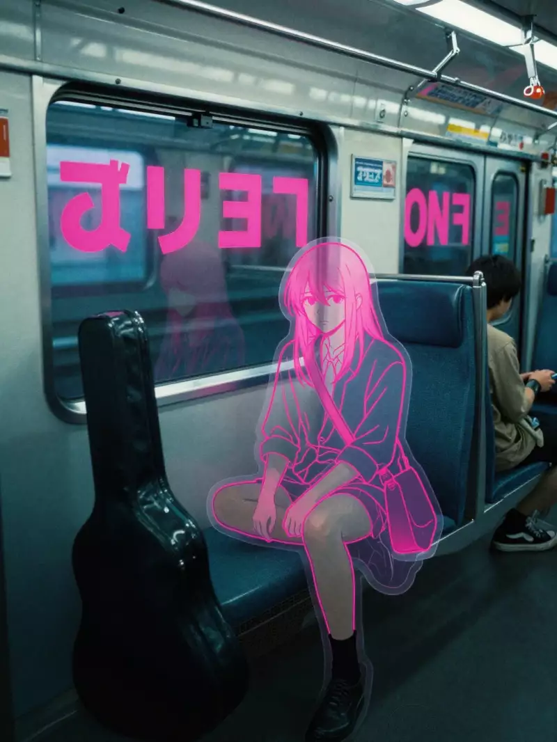 Сгенерировано нейросетью: analog film photograph of a Japanese train interior, mixed media collage, overlaid with a 2D anime character in bright pink contour line art (transparent fill, sticker-like edges), sitting on seat with guitar case. Bold fluorescent pink block letters on window glass. Reality meets 2D illustration, deliberate cutout composition. Heavy film grain, VHS tracking lines, subtle chromatic aberration, cyan and magenta split-tone grading. Youthful melancholic atmosphere, denpa electronic fantasy, nostalgic urban isolation, Japanese indie photobook aesthetic