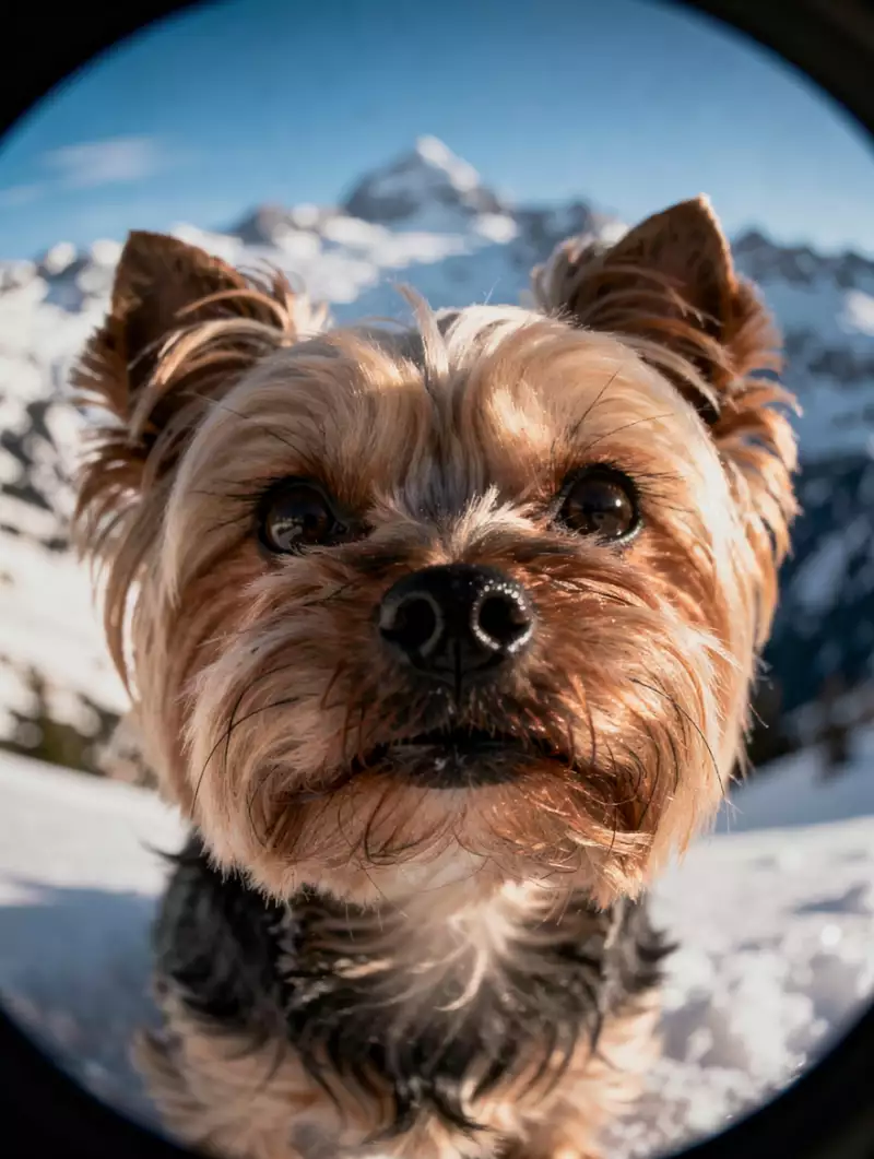 Сгенерировано нейросетью: close-up of a [йоркширский терьер]'s face in the alps, shot with a fisheye lens, in the style of unsplash photography.