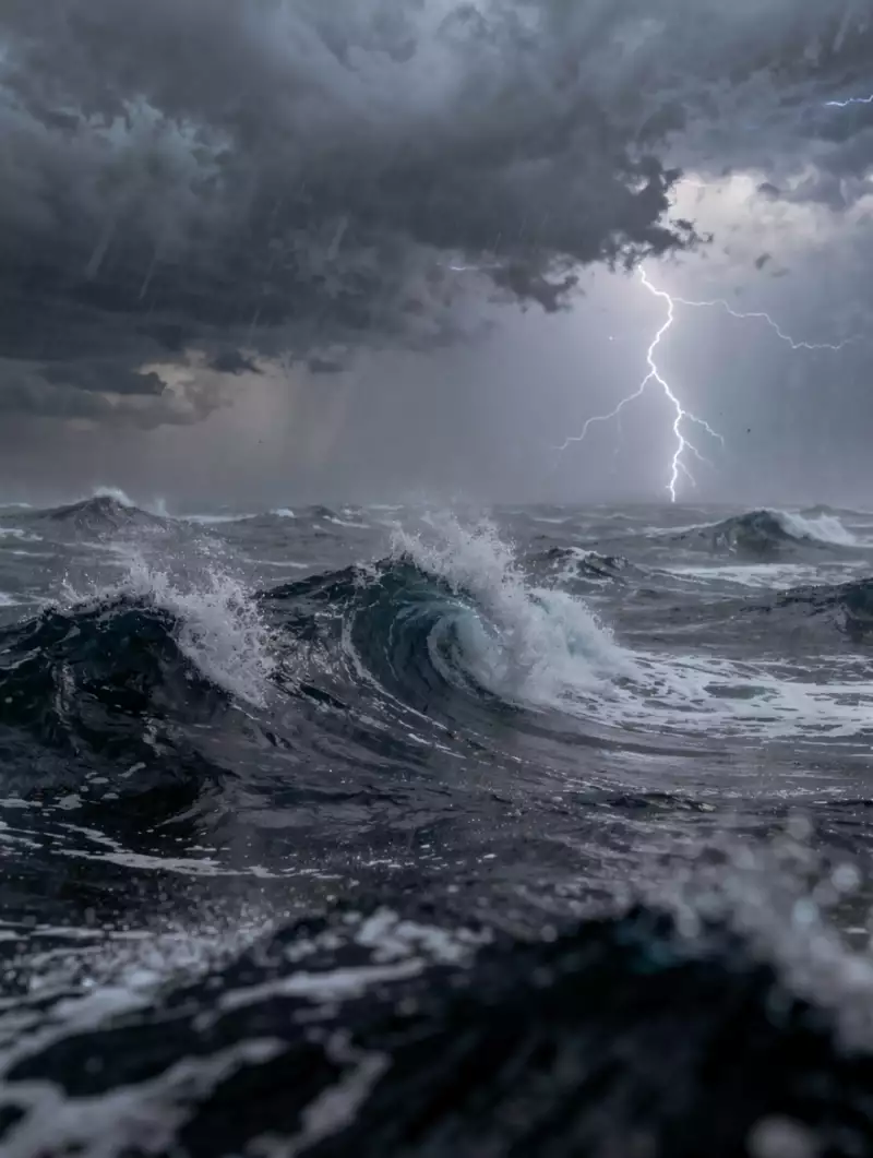 Сгенерировано нейросетью: Eine Behinderung wird hier energetisch als ein endloser Sturm auf offenem Meer visualisiert, bei dem keine Küste sichtbar wird. Es ist ein Bild von Kontrollverlust, Angst und emotionalem Überleben.