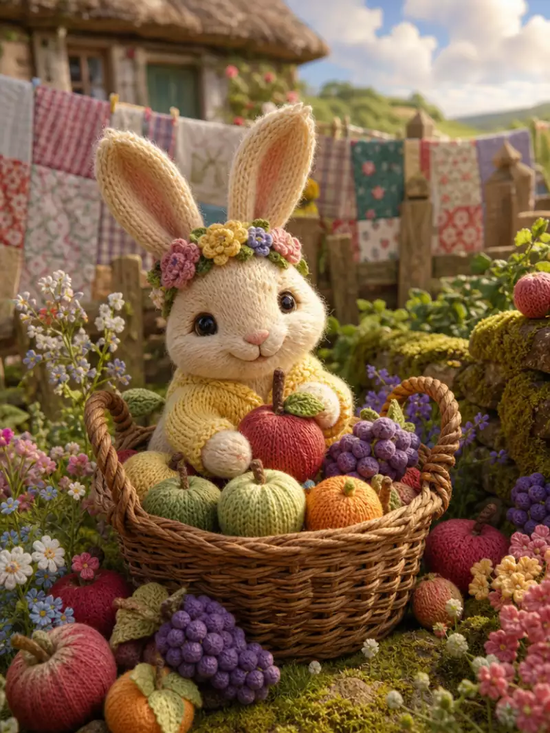 Сгенерировано нейросетью: A sweet, whimsical knitted bunny sitting inside a wicker basket, surrounded by colorful fabric fruits like apples, grapes, and oranges. The bunny has soft cotton fur, large expressive eyes, and a gentle smile, wearing a tiny hand-knitted sweater in pale yellow and a flower-shaped headband. The background shows a quaint cottage garden with patchwork quilts hanging on the fence, soft clouds in the sky, and the warm afternoon sun casting a soft glow on everything. The basket is surrounded by wildflowers and soft green moss, and the yarn textures of the bunny’s fur and the fruits are incredibly detailed and tactile. The whole scene feels peaceful and homely, like a storybook come to life