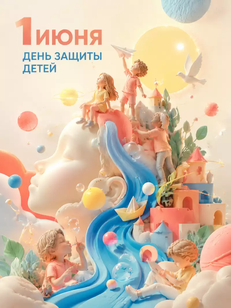 Сгенерировано нейросетью: Сделай ультрасовременный графический постер ко Дню защиты детей — «1 июня». 
Не использовать черный цвет вообще. 
Стиль: Behance featured / Awwwards / студийный арт-дирекшн / premium editorial poster.

ЦВЕТА:
Без черного.
Палитра:
• молочный
• теплый белый
• коралловый
• небесно-голубой
• мягкий желтый
• мятный
• персиковый
• ультрамарин как акцент

СВЕТ:
• мягкий дневной свет
• glow effect
• объем через свет
• воздушность
• cinematic gradients

ТИПОГРАФИКА:
Текст:
«1 ИЮНЯ»
«ДЕНЬ ЗАЩИТЫ ДЕТЕЙ»

ДОПОЛНИТЕЛЬНО:
• ощущение надежды и будущего
• визуальный вау-эффект
• никаких шаблонов соцплакатов
• сделать как для сильного портфолио 

ФОРМАТ:
Вертикальный постер 4:5.
Высокая детализация.
Ultra high quality.