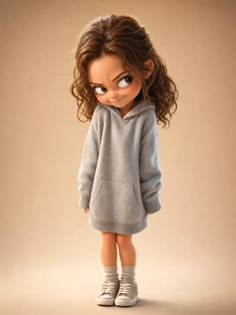 Сгенерировано нейросетью: Create an image using the provided image.
Ultra-detailed stylized 3D render of a playful child character (male or female variant), with exaggerated chibi proportions (large head, compact body), large expressive eyes, smooth and soft skin, and highly detailed hair with natural strands and slight flyaways.
Hair:
Female: long wavy brown hair, slightly messy, with natural volume, possibly including a simple accessory like a hair clip.
Male: short to medium stylized hair, with a soft texture and well-defined natural strands.
Facial expression: mischievous and slightly defiant, lowered eyebrows, side-eye glance, slightly crinkled nose, and lips pressed into a subtle, teasing smirk.
Pose (IMPORTANT — follow exactly):
Standing, with feet close together and pointing forward, arms relaxed at the sides of the body, shoulders slightly curved forward, head tilted slightly downward while the eyes look to the side with a suspicious/playful vibe. Compact body, leaning slightly forward. Slightly messy hair. Mischievous and slightly defiant expression.
Clothing:
Long-sleeved oversized hoodie or tunic, with a loose fit and soft fabric folds, front chest pocket, minimalist design, paired with simple socks and casual sneakers.
Lighting:
Soft studio lighting, soft directional key light, delicate shadows, subtle ambient fill light, smooth light transitions.
Rendering style:
High-end 3D stylized realism (Pixar-style quality), clean textures, slight subsurface scattering, cinematic depth of field.
Background:
Simple, clean background with a soft blur in warm, neutral tones.
Aspect ratio: 4:5
Composition:
Vertical portrait, with the character occupying the full height of the frame, cinematic poster-style layout.