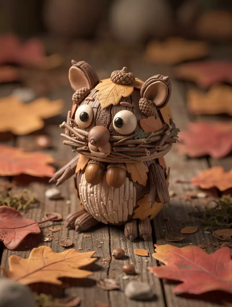 Сгенерировано нейросетью: Rustic folk art | A whimsical handmade creature or object crafted from acorns and natural materials | Set on a wooden table or forest floor with autumn leaves scattered around | Centered close-up composition with a cozy, handmade focus | Warm natural lighting with soft shadows and earthy tones | Playful creativity; woodland charm; organic textures