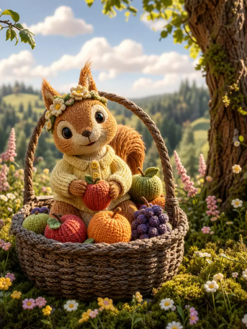 Сгенерировано нейросетью: вязаный бельчонок в корзине, surrounded by colorful fabric fruits like apples, grapes, and oranges. The bunny has soft cotton fur, large expressive eyes, and a gentle smile, wearing a tiny hand-knitted sweater in pale yellow and a flower-shaped headband. уютная поляна у леса, soft clouds in the sky, and the warm afternoon sun casting a soft glow on everything. The basket is surrounded by wildflowers and soft green moss, and the yarn textures of the bunny’s fur and the fruits are incredibly detailed and tactile. The whole scene feels peaceful and homely, like a storybook come to life