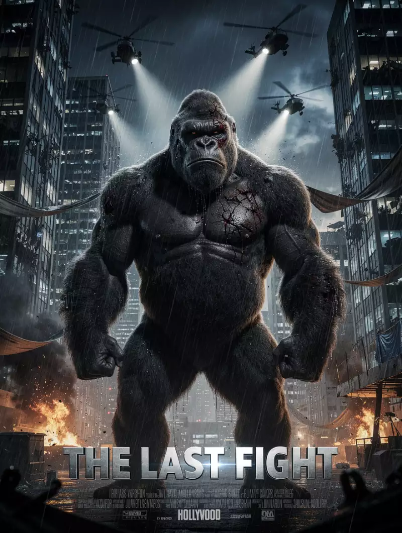 Сгенерировано нейросетью: Cinematic poster for the action film "The Last Fight." In the foreground: a weary King Kong with a disfigured face stands under a cold rain, clenching his fists. Behind him are skyscrapers and helicopters in the sky. Dramatic cinematic lighting, intense contrast, wind billowing fabric, atmosphere of a final doomed battle. The expression is serious and tragic, like that of the last warrior. Bold, vibrant typography with an American cinema aesthetic. Hollywood epic poster style, ultra-detailed, realistic, dynamic composition, emotional mood.