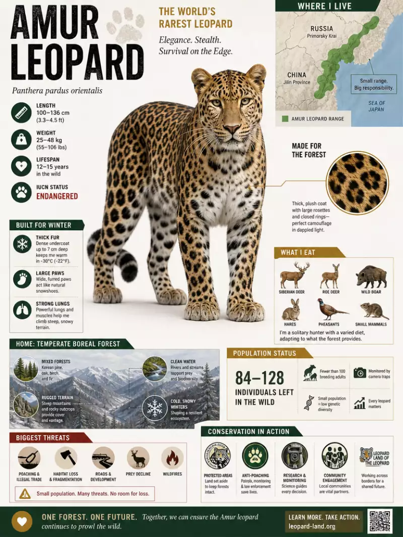 Сгенерировано нейросетью: Create a visually rich infographic about an endangered animal. Start by finding one online, research its habitat, diet, and unique traits. Present information through annotated visuals and structured callouts, not generic sections. Style it like a bold graphic illustration: a detailed, photorealistic central animal as the focal point, supported by diagrams, callouts, and concise text elements. Use clean backgrounds and a mix of photorealism with strong graphic elements (shapes, icons, color blocking) in a layered composition. Make it dense, tactile, and professionally authored.