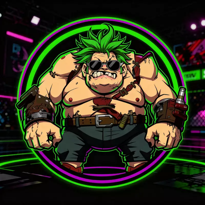 Сгенерировано нейросетью: Dota 2 gaming logo for a YouTube avatar. A stylish and expressive cartoonish Pudge character, looking epic and slightly crazy, glowing neon green and toxic purple highlights. Perfect circular frame design, dark esports background, professional vector art, high contrast, sharp details, 8k.