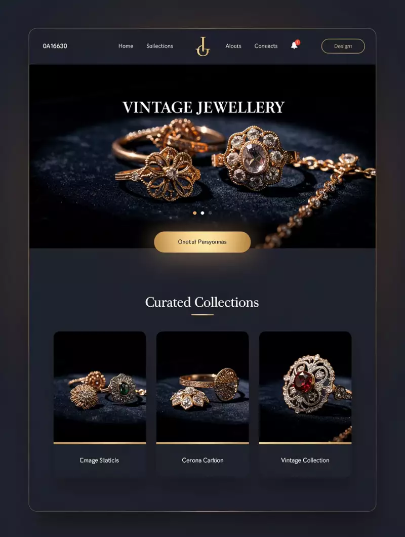 Сгенерировано нейросетью: UI design of a Vintage Jewellery Company, Landing page, Vintage, Classy, Minialistic, Elegant, Navy Blue and Gold color palette, High Resolution