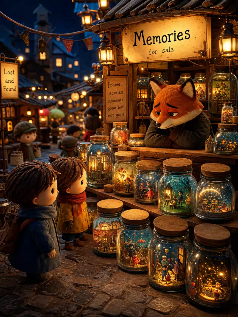 Сгенерировано нейросетью: A tiny night market where vendors sell memories in glass jars, small round-headed children browsing glowing bottled scenes of birthdays and rainy windows, a sad merchant fox behind the counter, ink sketch on sepia paper, fine crosshatching, ink splatters, storybook illustration style --sref 1027579044 --ar 3:4 --stylize 720