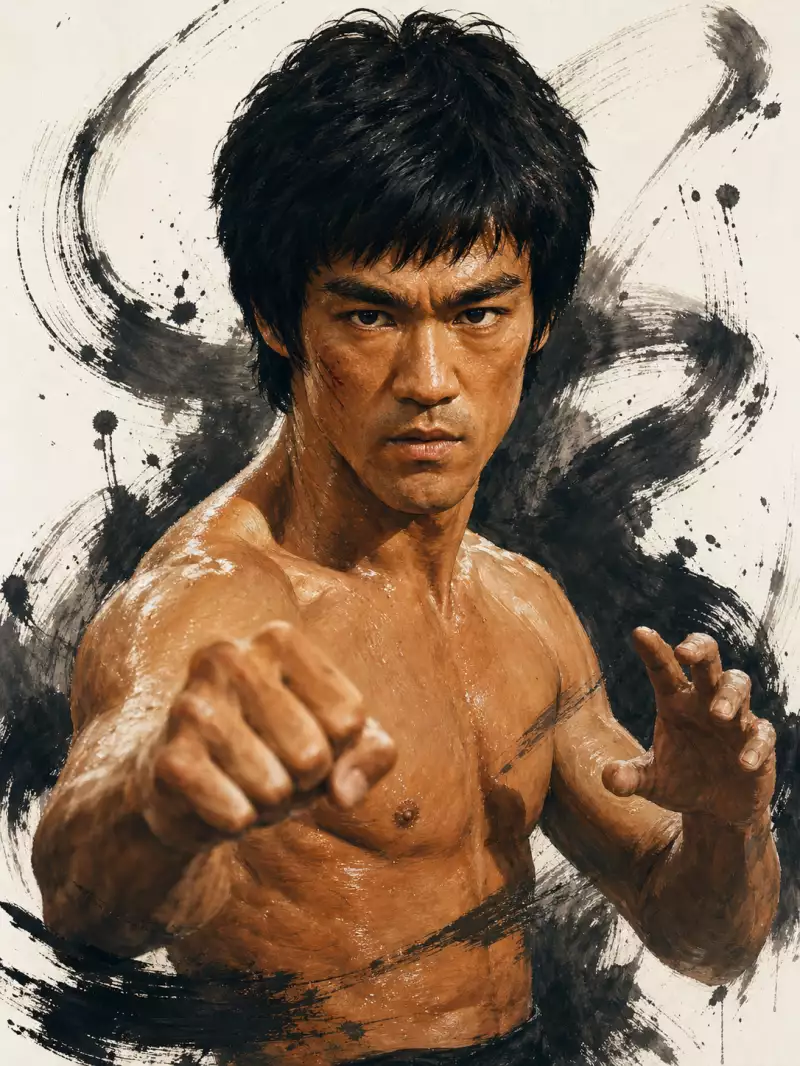 Сгенерировано нейросетью: A striking digital portrait of Bruce Lee, centered in the frame, rendered in an artistic style that blends realism with dynamic ink-wash brushstrokes. The subject is an East Asian male with a toned, muscular build, captured from the chest up. He has a determined, intense expression, staring directly at the viewer with sharp, focused eyes. His hair is dark, textured, and slightly windswept. He is shirtless, with sweat glistening on his skin, suggesting an active, fighting stance. He has his right fist extended forward toward the viewer. The background is a clean, off-white canvas, dramatically accented with bold, sweeping black ink strokes