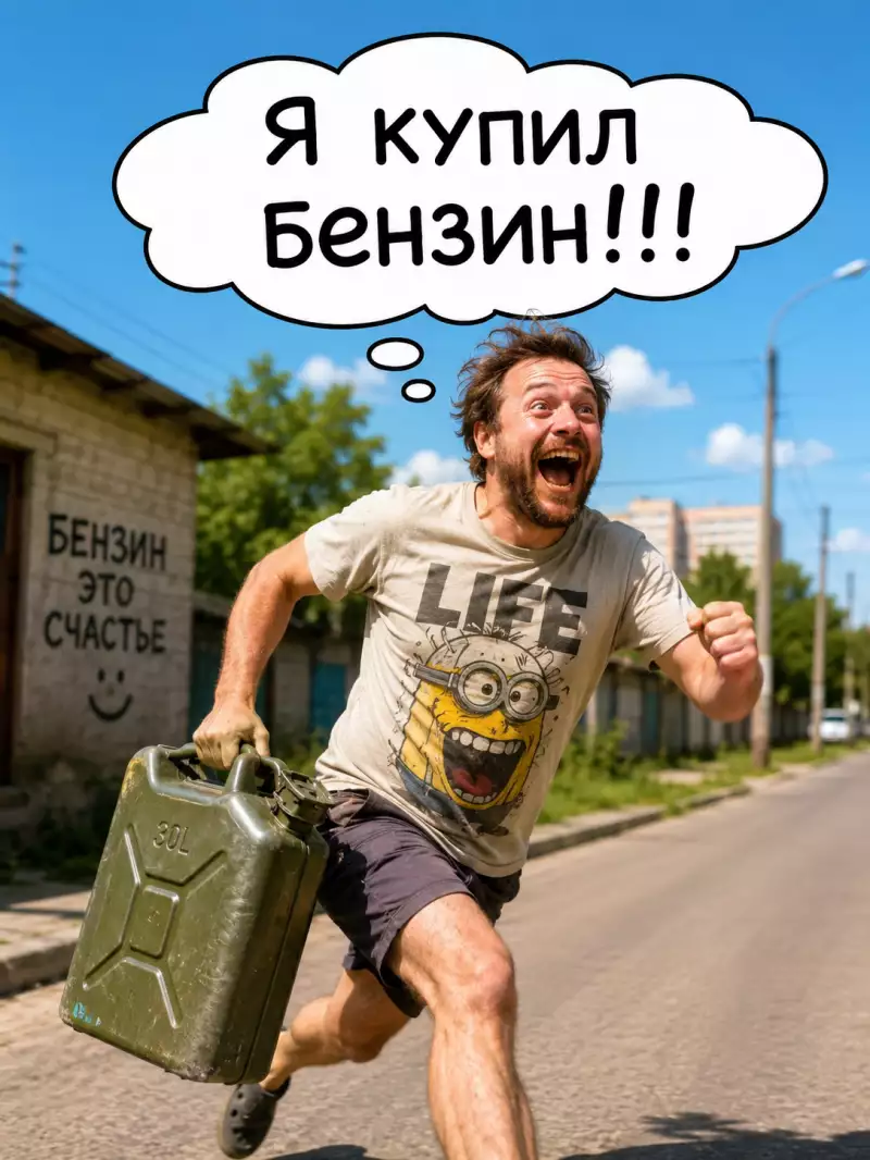 Сгенерировано нейросетью: мужчина радостно бежит по улице,в руках у него железная канистра на 30 литров,летний день,над мужчиной выноска-облачко в котором написано русскими буквами "Я купил бензин!!!"