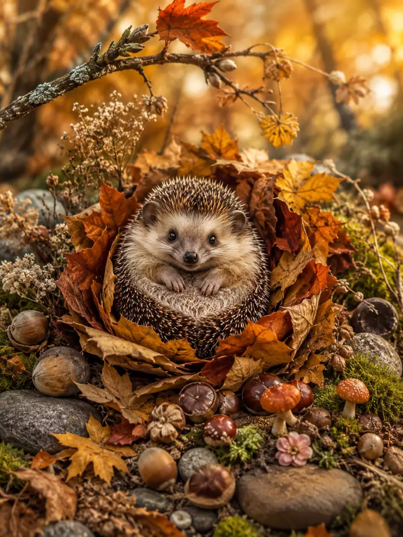 Сгенерировано нейросетью: Whimsical autumn greeting card, a tiny adorable hedgehog curled up in a nest made of colorful fallen autumn leaves, surrounded by miniature branches, acorns, chestnuts, moss, tiny mushrooms and smooth river stones, delicate dried flowers scattered naturally around, handcrafted woodland diorama, soft morning sunlight filtering through golden foliage, cozy peaceful mood, incredibly detailed fur and natural materials, warm orange, amber, brown and muted green tones, charming fairytale illustration mixed with photorealistic textures, premium artistic postcard, no text --ar 3:4 --v 8.2 --style raw --stylize 600