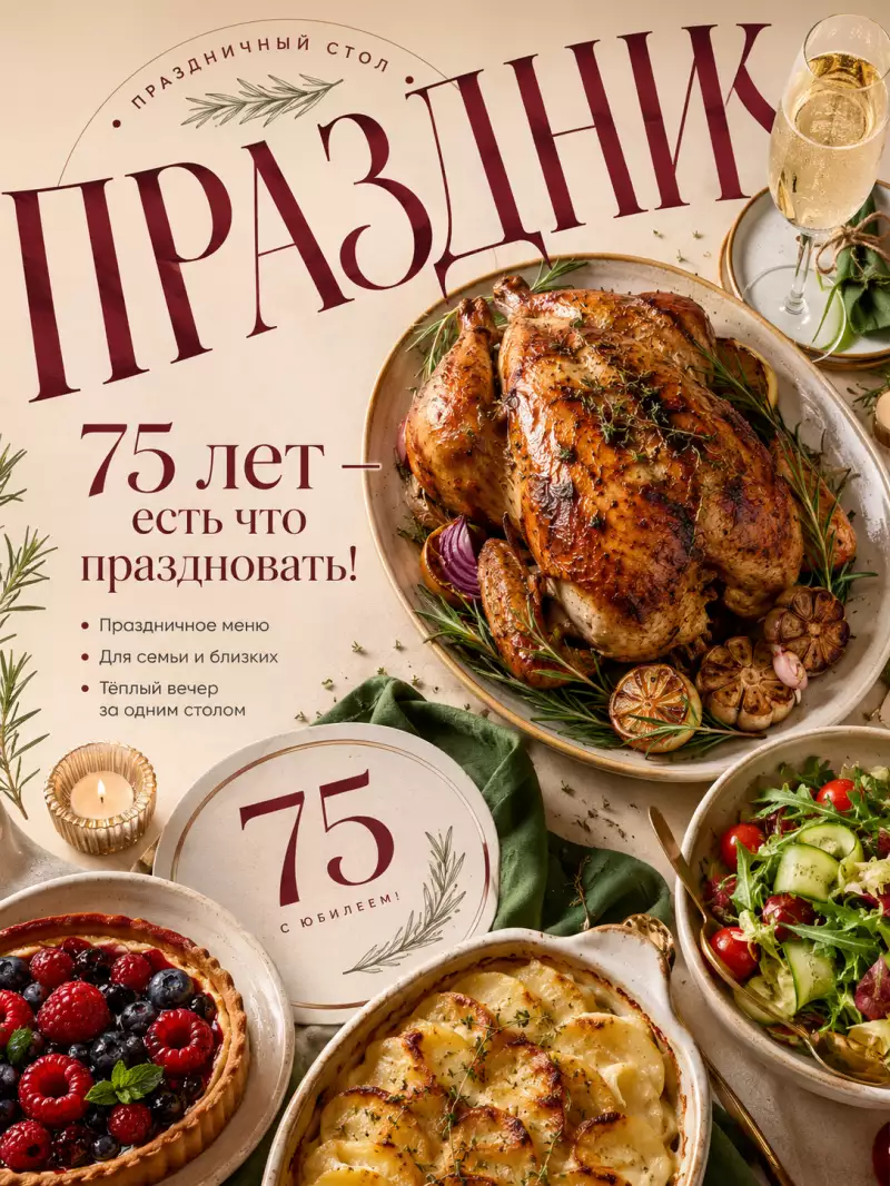 Сгенерировано нейросетью: Brand: Праздничный стол

Food / Drink: праздничное меню на день рождения — запечённая курица с травами, картофельный гратен, салат с овощами и зеленью, тарт с ягодами, бокал игристого

Headline: 75 лет — есть что праздновать!

Supporting text: Праздничное меню • Для семьи и близких • Тёплый вечер за одним столом

Background color: тёплый сливочный оттенок слоновой кости

Accent colors: глубокий бордовый и приглушённый шалфейно-зелёный

Typography word: «ПРАЗДНИК»

Composition direction: круговая с лёгкой диагональной динамикой

Build the entire poster around the natural shapes and arrangement of the праздничного стола itself.

Use one clear hero food composition with highly realistic, appetizing food photography: a beautifully plated roast chicken with golden crispy skin, fresh rosemary and thyme, creamy potato gratin, colorful vegetables, delicate greens, a small berry tart, linen napkin and elegant glassware. Show natural highlights, warm shadows, crispy textures, steam, sauce, crumbs, fresh herbs, glossy vegetables and realistic tableware. Avoid CGI, plastic textures, excessive retouching, sterile restaurant photography, or generic stock-food aesthetics.

Make the food feel abundant but refined, like a lovingly prepared family birthday dinner. The visual mood should communicate warmth, generosity, dignity and celebration rather than youth-oriented party energy.

Let the circular plates, serving dishes and glasses determine the movement of the layout. Arrange the food so that plates and dishes create an elegant circular rhythm around the main hero dish, while a subtle diagonal flow leads the viewer through the poster.

Use oversized editorial typography as an active part of the composition. The word «ПРАЗДНИК» should be extremely large, partially cropped by the canvas and subtly curved around the circular food arrangement. Some letters may disappear behind plates or overlap the hero food. The typography should feel integrated into the table scene rather than simply placed above it.

The food and typography must overlap and interact. Allow the hero dish to cover parts of letters, let typography cross the edges of plates, and allow small graphic elements to pass behind or in front of the food. Create a sophisticated relationship between photography and typography.

Use a clear hierarchy:
oversized display typography «ПРАЗДНИК»,
hero праздничная food photography,
main headline «75 лет — есть что праздновать!»,
supporting text «Праздничное меню • Для семьи и близких • Тёплый вечер за одним столом»,
small decorative birthday detail «75» integrated naturally into the composition.

Make the number «75» a refined secondary visual element: large but elegant, possibly printed like a vintage anniversary mark on a small card, plate, napkin or decorative label. It should feel celebratory and premium, not childish.

Keep all supporting copy meaningful, warm and concise. Use only Russian text. Do not use Lorem Ipsum, random filler text, English words, or meaningless decorative copy.

Use a restrained color system: warm ivory background, realistic natural food colors, deep burgundy accents and muted sage green. Add subtle touches of warm champagne-gold through tableware, thin graphic lines or small typographic details, without making the design look luxurious or overly ornate.

Add only a few graphic elements such as thin burgundy lines, small dots, an open circular frame around the number 75, a subtle botanical illustration of rosemary or leaves, and a small anniversary label.

The composition should feel elegant, warm and slightly asymmetric while remaining calm and easy to read. Preserve generous negative space around the main headline. Avoid visual clutter, excessive decorations, balloons, childish birthday graphics, confetti overload, neon colors, or stereotypical elderly imagery.

The people celebrating should not be shown. Focus entirely on the food, table setting and typography, allowing the viewer to imagine the family gathered around the table.

Final style: warm contemporary food editorial design, elegant birthday menu poster, sophisticated family celebration, bold oversized typography, photorealistic food photography, retro-modern European editorial branding, warm natural lighting, restrained festive palette, premium but welcoming, emotional and timeless.